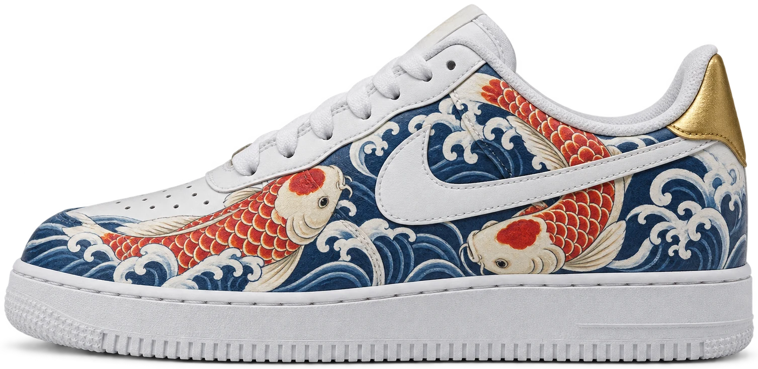 The same Air Force 1 Low hand-painted with cream and vermillion koi fish and a gold heel tab